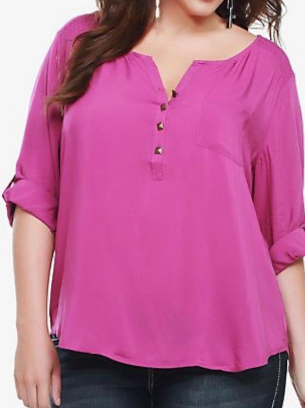Torrid Harper Top Womens Large Purple Roll Tab Flowy Popover Blouse Office Vneck
